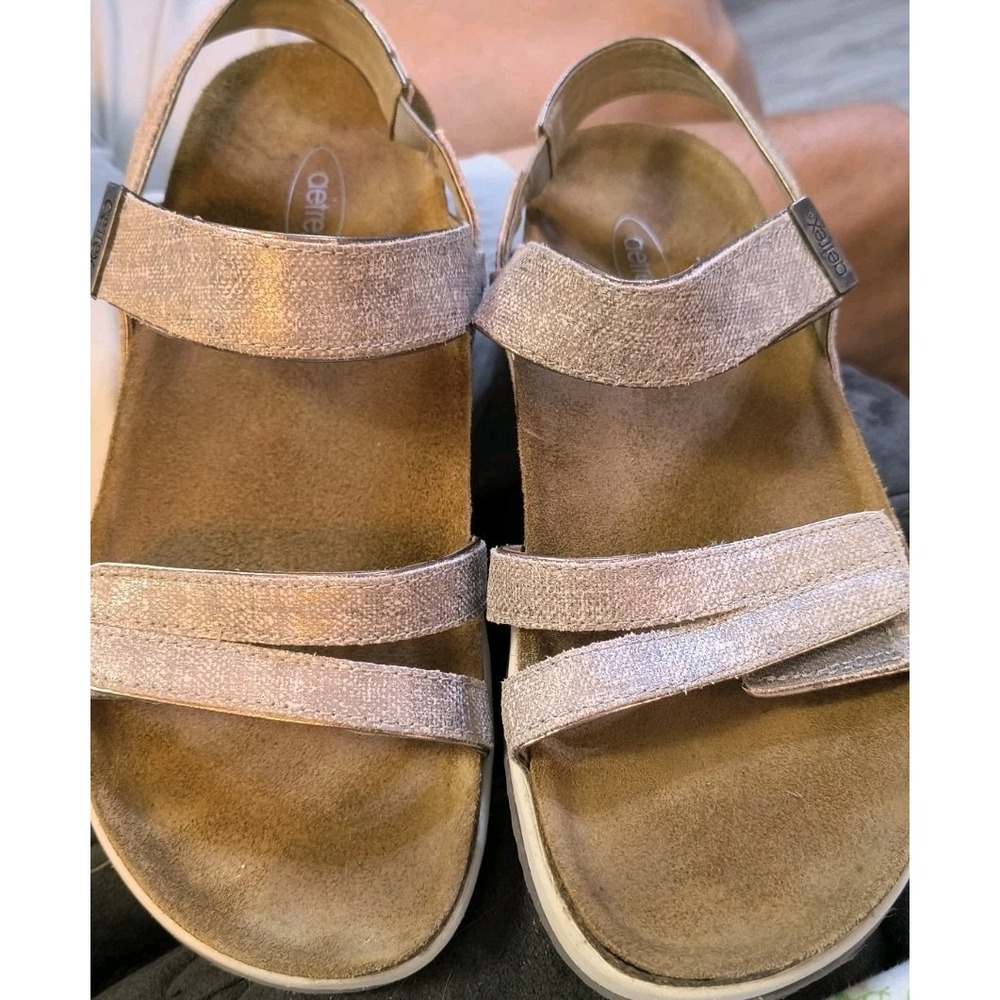 Aetrex Bethany 7 Leather Metallic Gray Quarter Strap Sandals EUC Womens CL119W